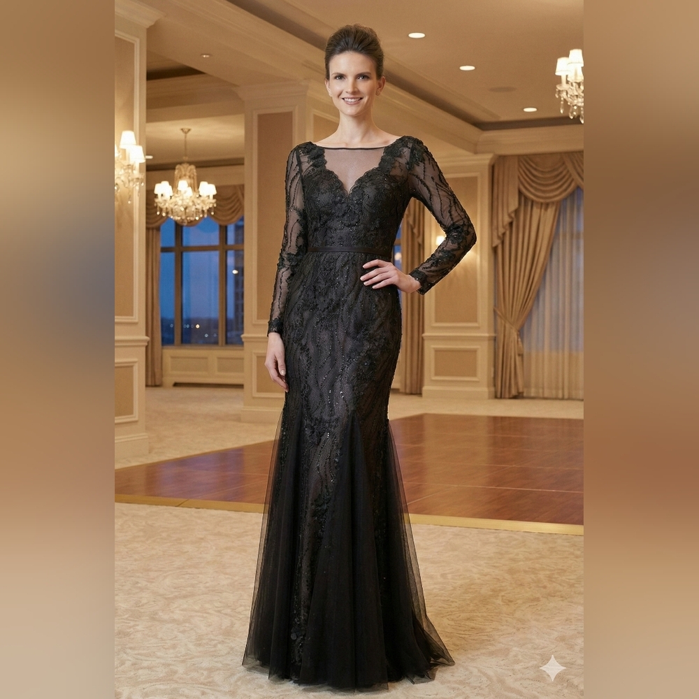 NWOT Size 12 Basix Black Label Black Long Sleeve Embellished Evening Gown